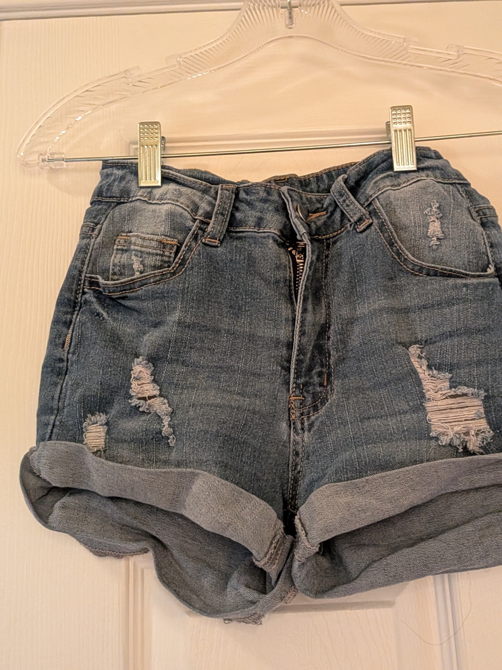 Women's High-Rise Rolled Hem Distressed Jean Shorts - Blue